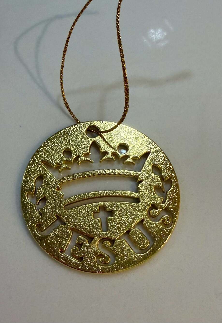 Jesus Crown and Cross Gold Tone Medallion Christmas Ornament